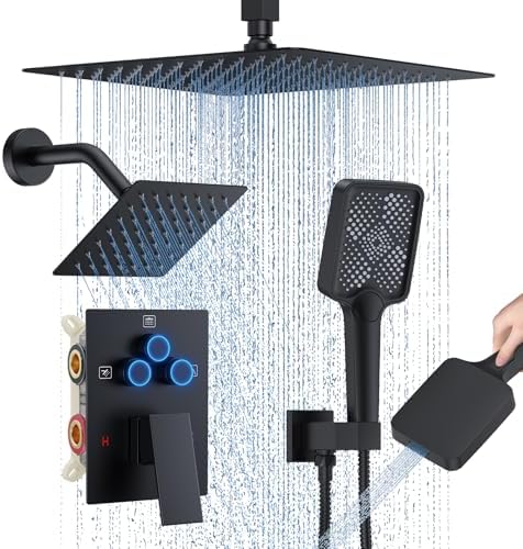 Shower Faucet Set, 12" Ceiling Mount Rainfall Shower System with ...