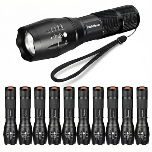 Pocketman LED Tactical Flashlight Super Bright LED Flashlights Portable Outdoor Water Resistant Torch with 5 Light Modes（10Pack）
