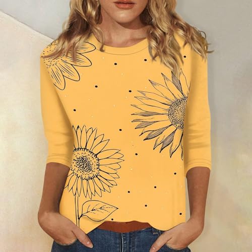 Blusas femininas de gola redonda para mulheres, elegantes, casuais, manga 3/4, de comprimento 3/4, c