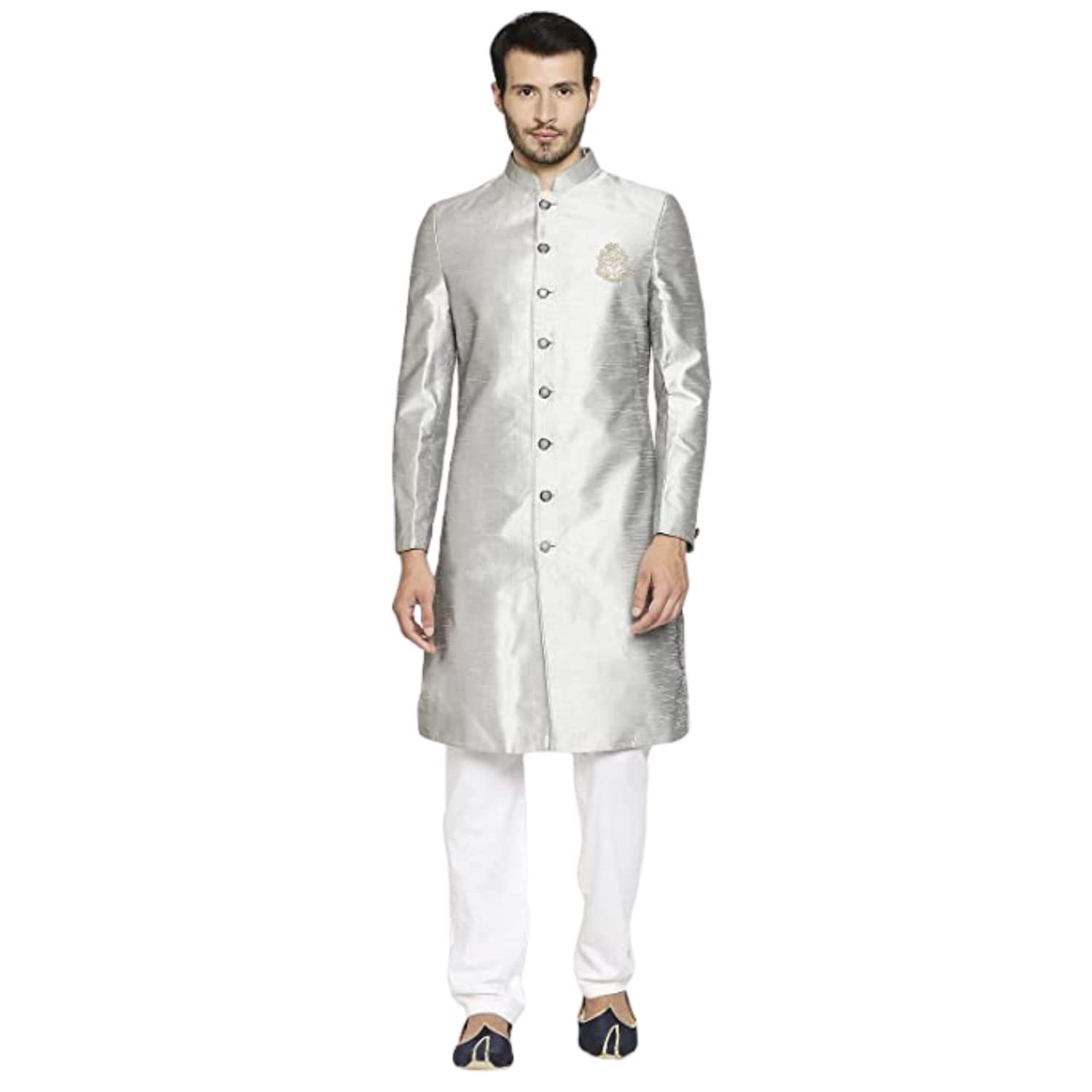 K N G riyaz gangjiLIBAS Solid Printed Sherwani Set | Festive Design Embroidered shiny silk | Mandarian Collar | Ethnic Wear Self Design For Men (Grey)