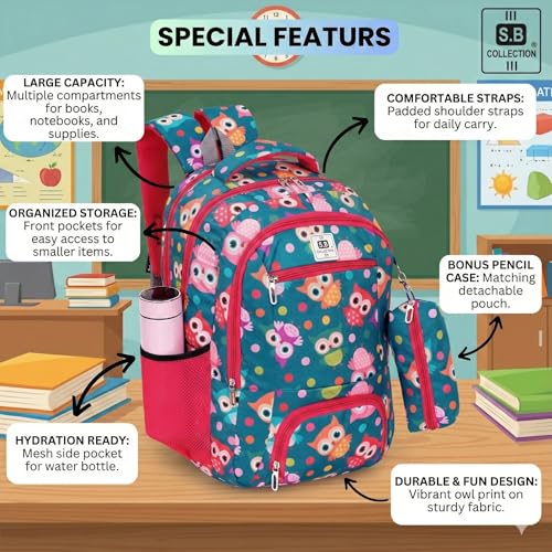 Image of SBCOLLECTION Girls' School Backpack, Owl Print, 32L, with Pencil Pouch, Padded Shoulder Straps, Water Bottle Pocket