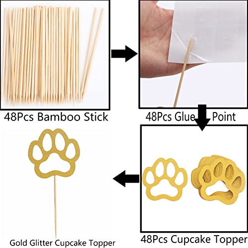 48Pcs Gold Paw Cupcake Topper - Single-Side Golden Glitter Dog Paw 1St Birthday Cake Smash Cupcake Decoration Supplies For Baby, Gold Dog Paw One、Two Birthday Cupcake Topper, Photo Booth Props #TOP1