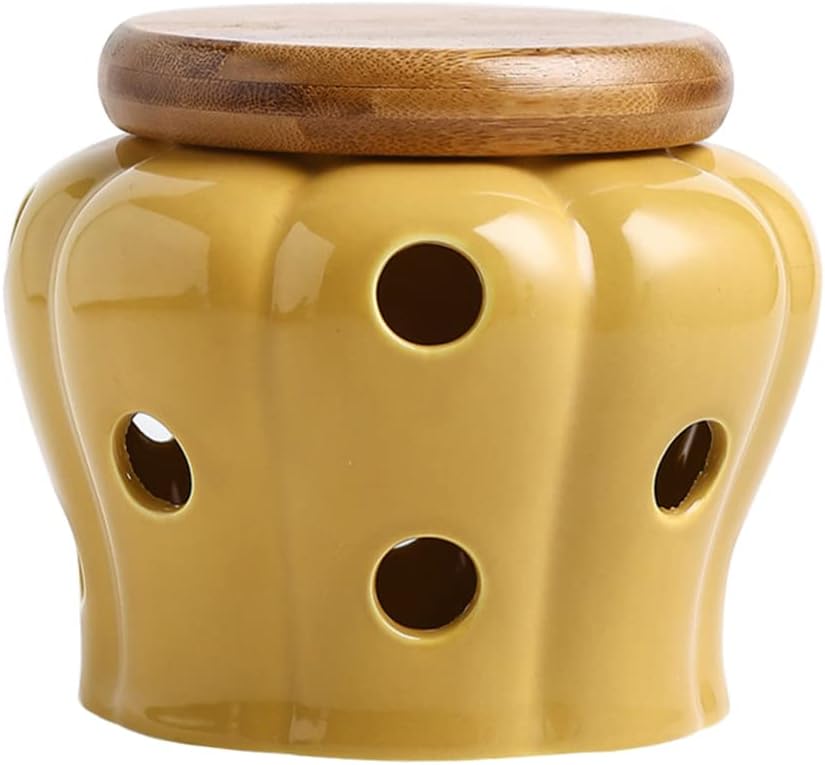 Garlic Keeper for Counter Ventilated Garlic Container Pumpkin Shaped Garlic Jar Garlic Cellar Ceramic Garlic Storage Container with Lid for Home Kitchen Yellow(Yellow)