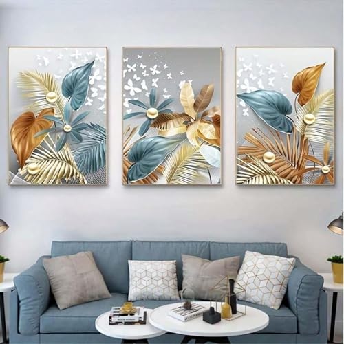 Impression sur toile feuilles papillon dorées de qualité - Triptyque mural 60x80 encadré - 2