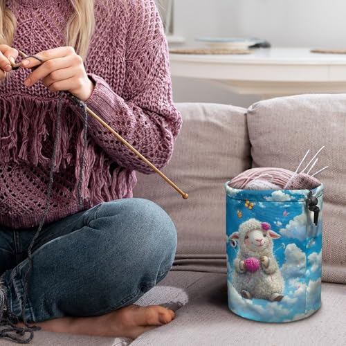 Image of Sellikakes Yarn Bag with Drawstring, Cute Sheep Knitting Crochet Tote Bag Yarn Storage Bags Organizer Crochet Accessories for Crocheting Project, Store Skein Ball,Short Knitting Needles