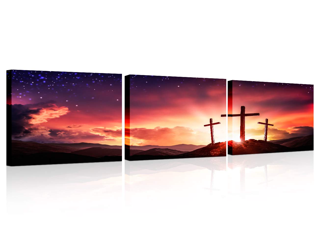 TUMOVO Three Crosses Wall Art Christian HD Picture Prints on Canvas 3 Pieces Wall Paintings Crosses at Sunrise Wall Decoration for Living Room Bedroom Office Framed Ready to Hang (16x24 inch x3)