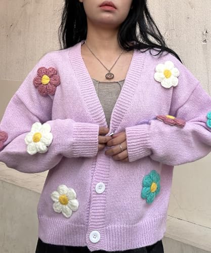 Image of Plus Size Sweaters for Wommen Cardigan Long Sleeve Sweatershirt Button up Colorful Flowers Cute White Tops Coat Fall Winter Oversize XL