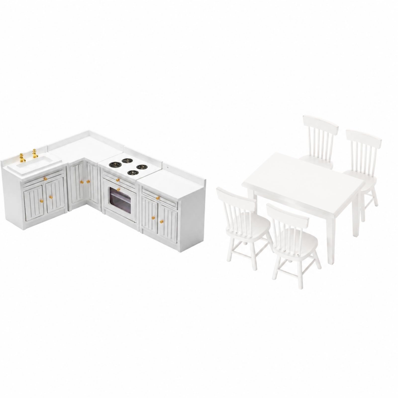Baoblaze Set e Sala da Pranzo in Miniatura 1:12 Dettagliato Kit in Miniatura con Sedie e Accessori Realistico per Esposizioni Creative, Bianco
