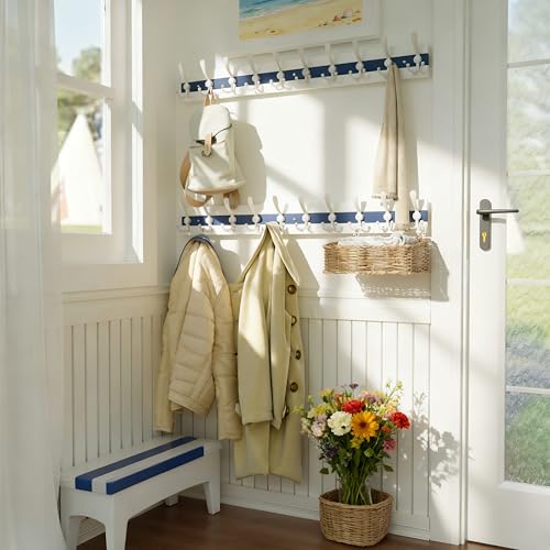 Image of SKOLOO Coastal Coat Rack Wall Mount-38-1 /8 Beach House Entryway Wooden Coat Hook with 10 Hooks for Hanging Coats, Hats or Towels, Oceanfront Cottage Core Collection, White & Blue, Pack of 2