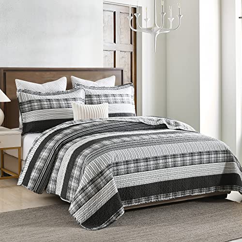 Image of Homzard Quilts Queen Size - Black and White Queen Comforter Set, 100% Cotton Black Grey Striped Bedding Set, Lightweight Reversible Bedspread Set, 3 Piece All Season