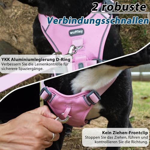 Wuffley Hundegeschirr mit Leine, Sicherheitsgeschirr Hund Ausbruchsicher, Anti Zug Hundegeschirr mit Assistenzgriff und Reflektierende, Leichtes Verstellbare Geschirr für Mittelgroße Hunde (Rosa,XS)