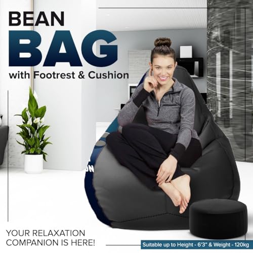 Image of Amazon Brand - Solimo 6XL Premium Faux Leather Bean Bag Combo with Footrest & Cushion, Filled with Beans | Capacity: Upto 6 Ft 9 in Height, 135 KG Weight | Panda Pro | Black