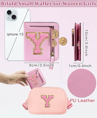 Image of COSHAYSOO Initial Wallet RFID Small Bifold Slim Letter Wallet for Women Teenager Girls Travel Daily Necessities Credit Cards Money Cash Coin Organizer, Pink Chenille, Compact, Y