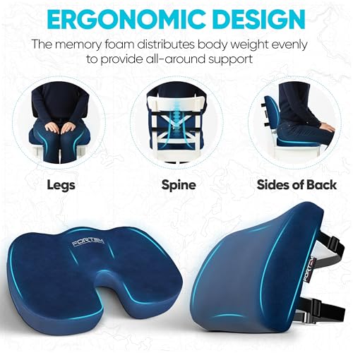 Image of FORTEM Seat Cushion & Lumbar Support for Office Chair, Wheelchair, Car | Memory Foam | Ergonomic Design | Washable Cover | Non Slip | Blue