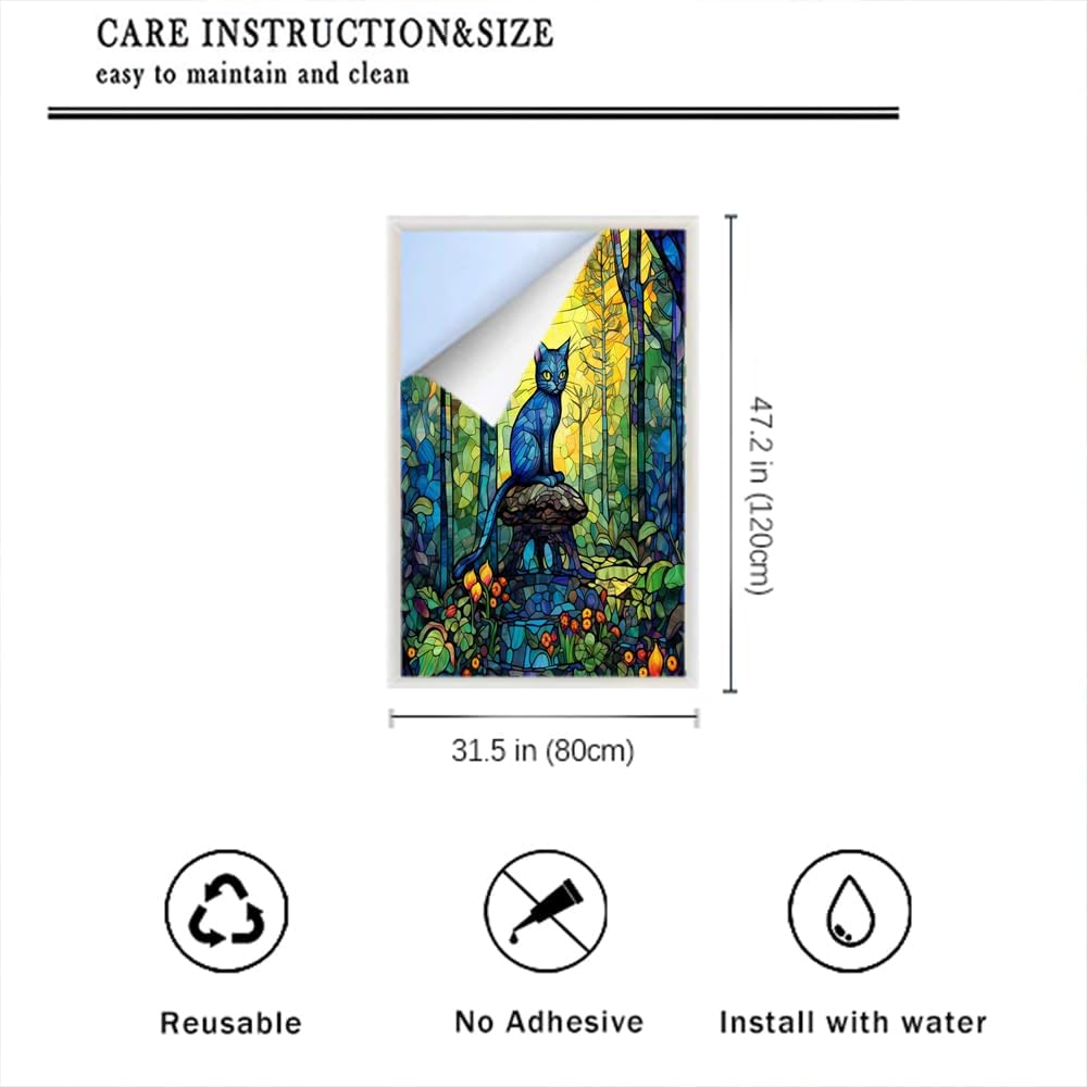 Cartoon Cat Window Privacy Film Cute Animals Colorful Forest Landscape Stained Glass Window Coverings Glass Sticker Frosted Window Film for Home Office Stores 31.5Wx47.2L inch