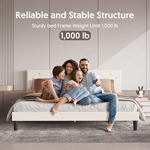 Bonsoir Queen Size Bed Frame Upholstered Low Profile Traditional Platform With Tufted Headboard/No Box Spring Needed/No Bed Skirt Needed/Soft Faux Velvet Upholstery/Ivory #TOP4