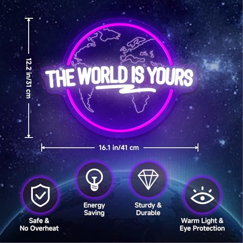 Image of The World Is Yours Neon Sign Dimmable Carved Planet The World Is Yours LED Signs Purple Neon Sign for Bedroom Classroom Man Cave Game Room Birthday Christmas Gifts for Kids