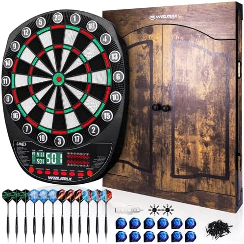 WIN.MAX Elektronische Dartscheibe Profi Set mit 354 Varianten 3 Sprachen: Deutsch, Englisch, Französisch für 1 bis 8 Spieler mit 12 Darts
