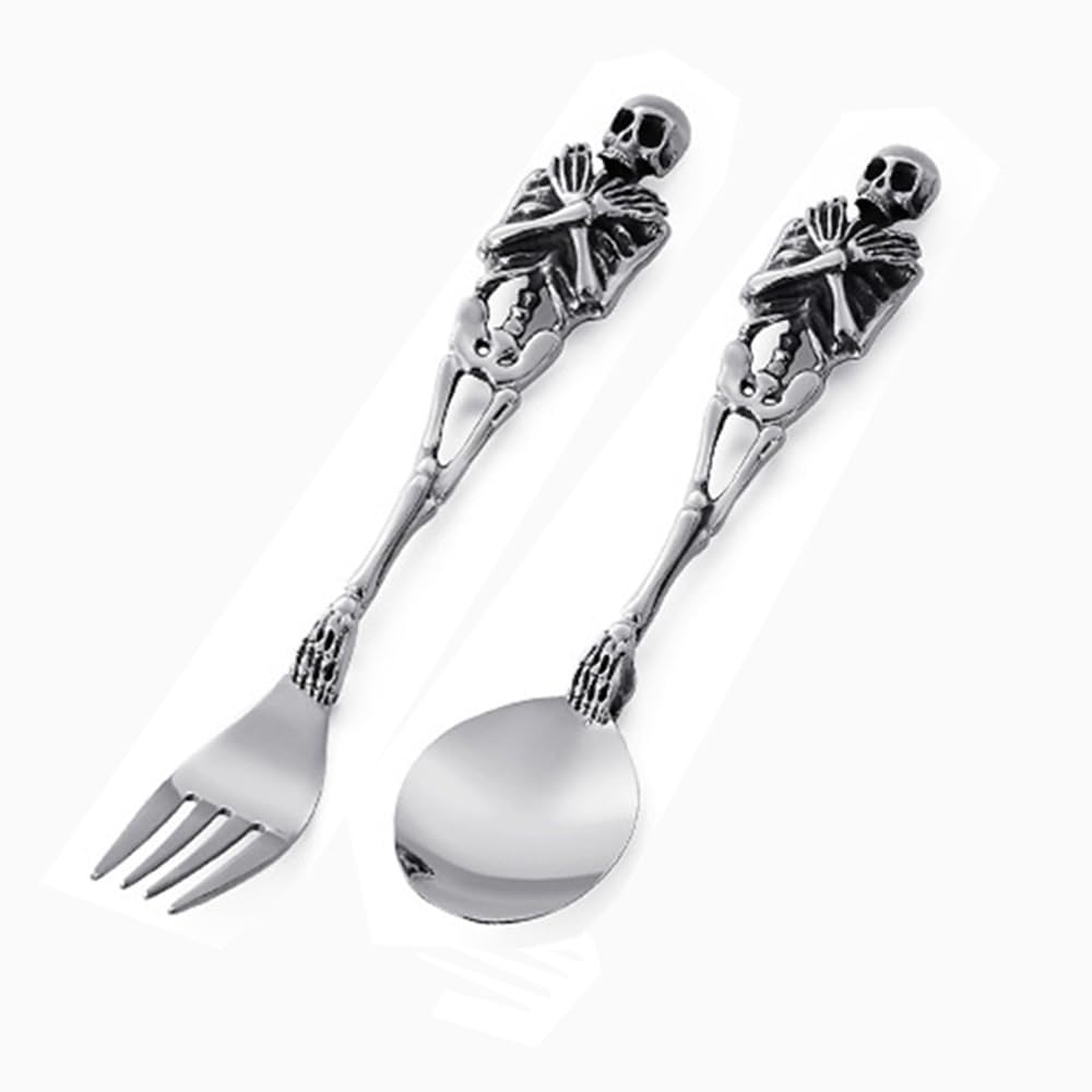Esagerato Prepotente Creativo Teschio Maniglia Cucina in Acciaio Inox Argenteria Stoviglie Posate Posate Coltelli Forchette Cucchiai Set (Forchetta Cucchiaio)