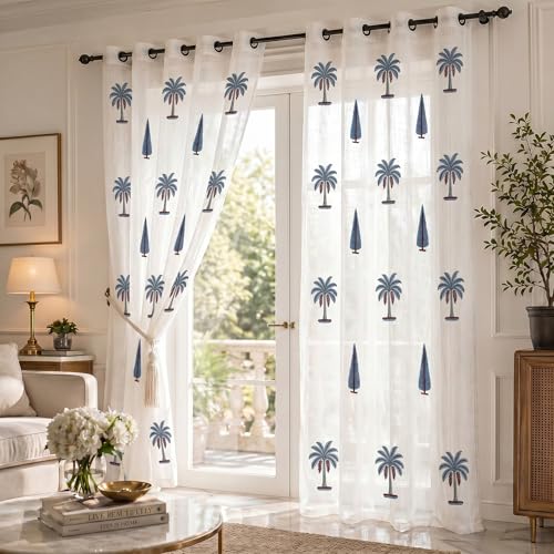 Image of LINENWALAS Decorative Cotton Linen Sheer Curtains 5 Feet for Window -Block Printed Door Curtain | Grommet Hanging Style Pack of 2 Panels |Light Filtering Sheer Drapes (Coastal Palms)