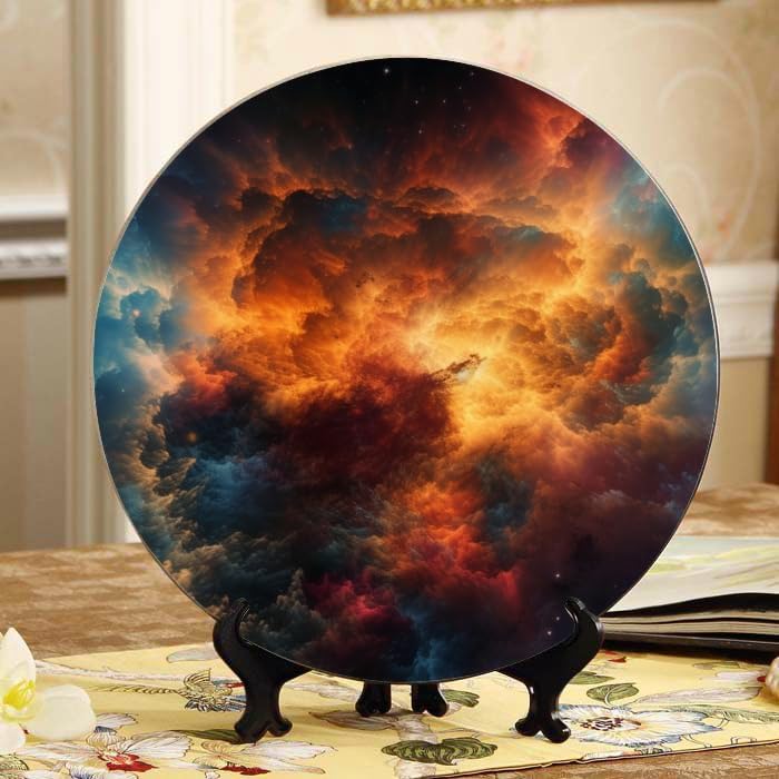 Colorful Nebula 10-inch Ceramic Plate for Wall Display or Tabletop, with Stand & Hook DP-582602132