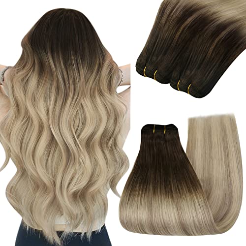Image of YoungSee Sew in Extensions Real Human Hair 22Inch Weft Hair Extensions, Ombre Dark Brown Roots to Gold Blond Mix Platinum Blonde, Double Weft Hair Extensions Human Hair for Long Hair 100G