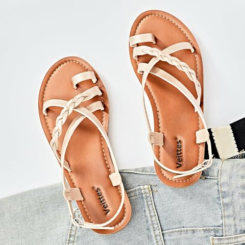Veittes Women's Flat Sandals - Casual Cute Criss Cross Strappy Flat Summer Shoes.4