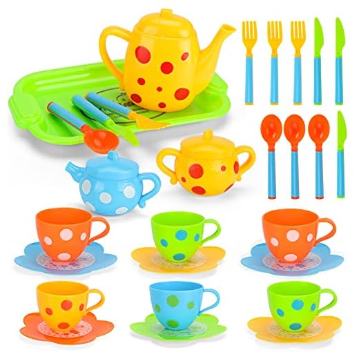 Pretend Play Toy Tea Set for Little Girls, Kids Role Play Tea Toy Party Set, 28pc Plastic Afternoon Tea Time Playset with Teapot, Cup, Knife, Fork, Spoon, Saucer, Serve Tray.