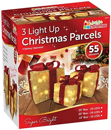 ADEPTNA New Set of 3 Christmas Light Up Glitter Parcels Box set - Illuminated Presents Xmas Decoration Gift Battery Operated 55 LED Super Bright (YELLOW & RED)