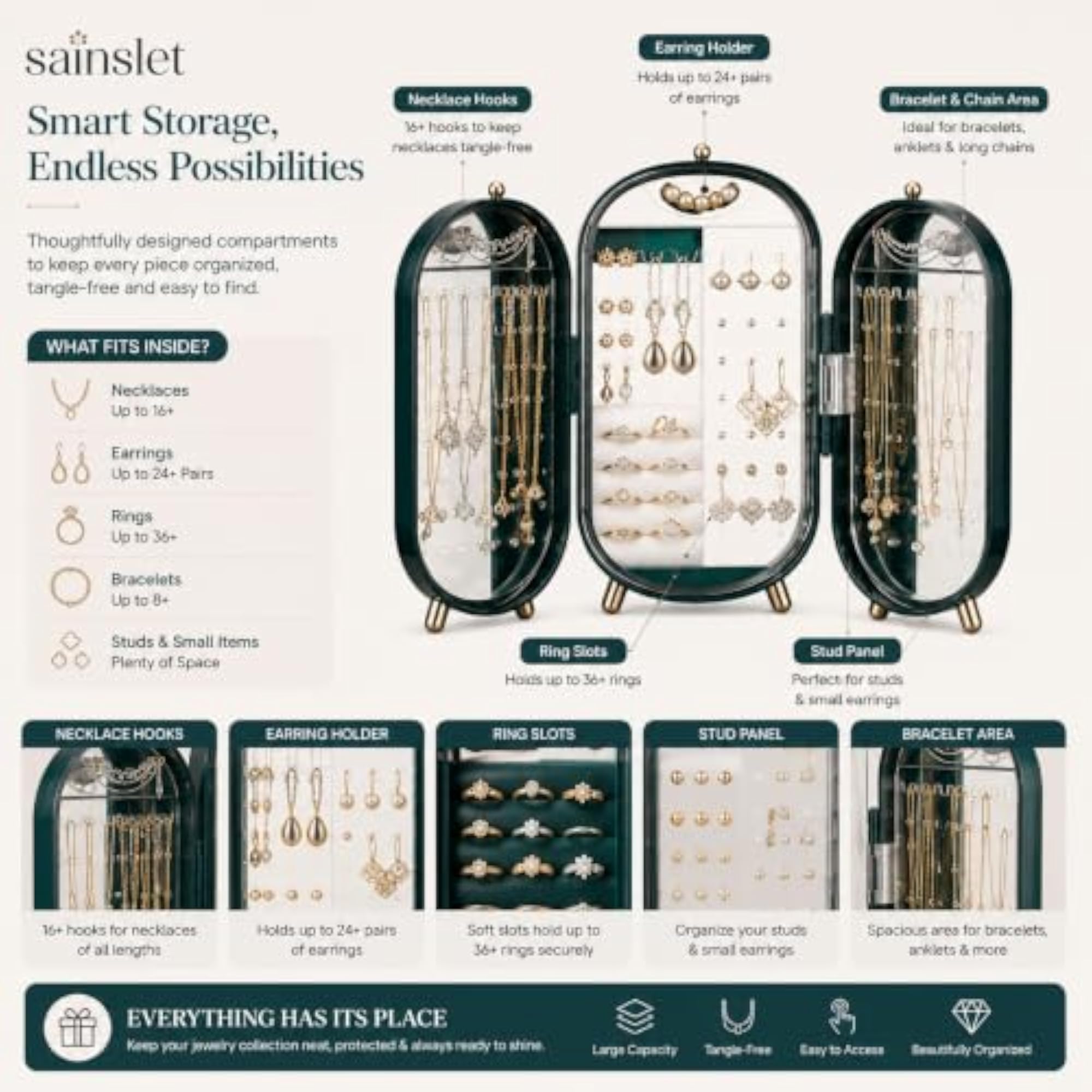 3-Fold Foldable Jewellery Travel Organizer Box with Mirror