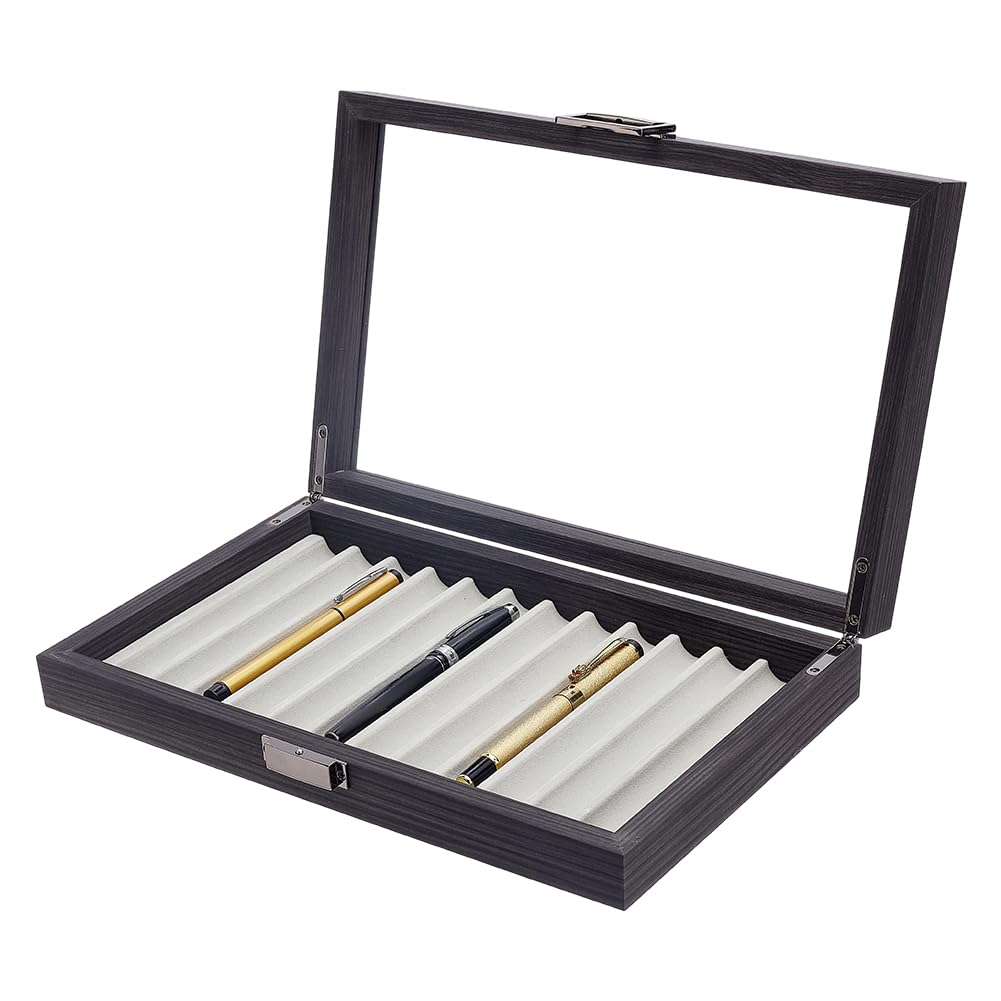 OLYCRAFT Black Wood Display Box 12 Slot Fountain Pen Organizer with Clear Glass Window Pen Displays Box Fountain Pens Display Case Fountains Pens Storage Case for Shop Home Office Father Present
