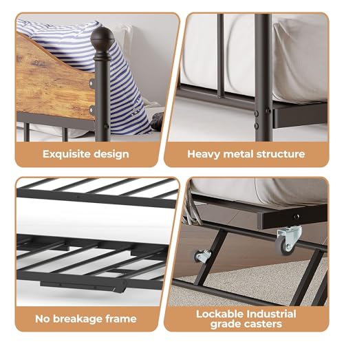 Image of Garvee Twin Daybed with Trundle, Twin Bed Frame with with Stylish Headboard, Heavy Duty Steel Slats Platform for Living Room, Bedroom, Brown