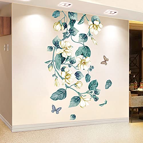 HO BEAR Hanging Blue Green Flowers Vine Wall Decals Removable DIY Nature Rattan Leaf Butterfly Flowers Vine Wall Decor Floral Leaf Art Decor Wall Sticker for Kids Girls Teens Bedroom
