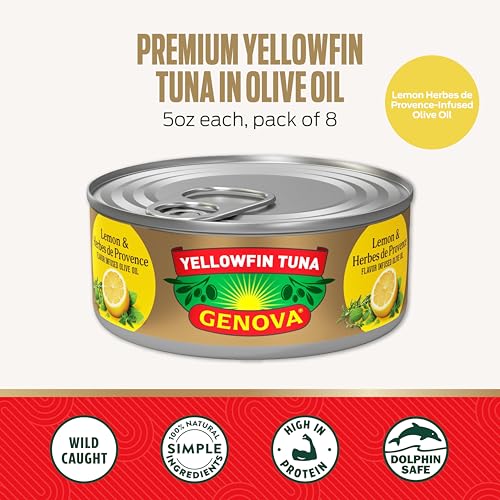 Image of Genova Premium Yellowfin Tuna in Lemon and Herbes de Provence Infused Olive Oil, 5 Ounce Cans (Pack of 12), Solid Light