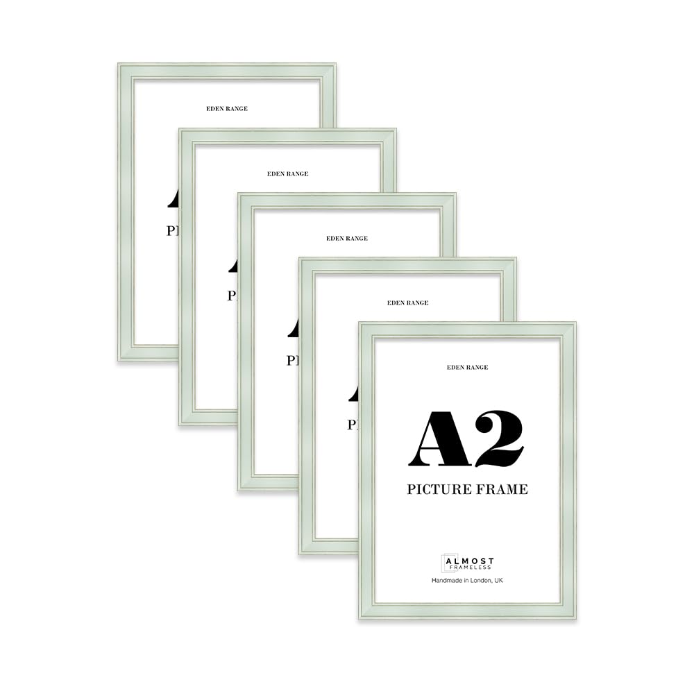 A2 Sage Green Picture Frame - Shabby Chic Photo Frame with Distressed Finish, Gold Trim, Wall Hooks, 37mm Edge - 5 Pack