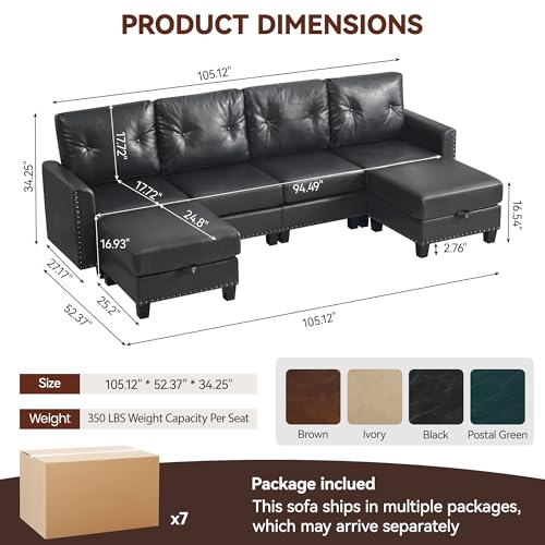 Image of 105 inch Faux Leather Modular Sectional 4 Seater Couch with 2 Storage Ottomans, Vintage PU Leather U Shaped Sofa with Nailhead Trim, Mid Century Modern Tufted Couches for Living Room, Office, Black