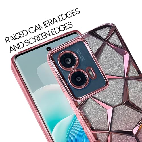 Image of VONZEE Gradient Glitter Case for Moto Edge 50 Fusion /Moto G96, Luxury Electroplated 3D Cube, Diamond Bling Shiny Soft TPU Clear Shockproof Women Girls Protective Phone Cover (Rose Gold)