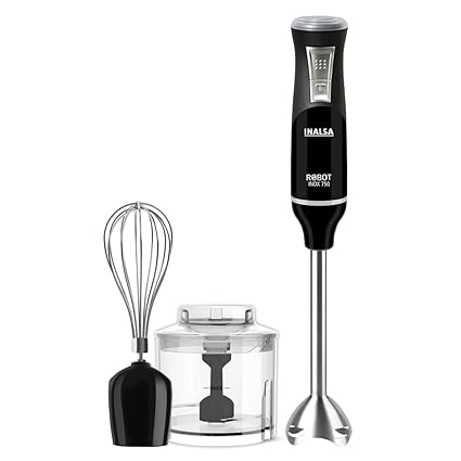 (Renewed) INALSA HAND BLENDER Robot Inox 750CS-Powerful Super Silent 750Watt DC Motor| Chopper & Whisker|Variable Speed & Turbo Function| Stainless Steel Blade & Detachable Stem, (Black/Silver)