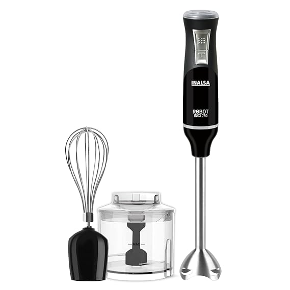 Inalsa Hand Blender 750 Watt With Chopper, Whisker| Variable Speed And Turbo Speed Function |100% Copper Motor |Low Noise |Anti-Splash Technology (Robot Inox 750Cs), 750 Watt
