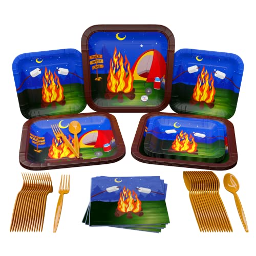 Camping Party Supplies Packs 100 Pieces for 16 Guests Camping Birthday Party Supplies Camping Plates and Napkins Smores Party