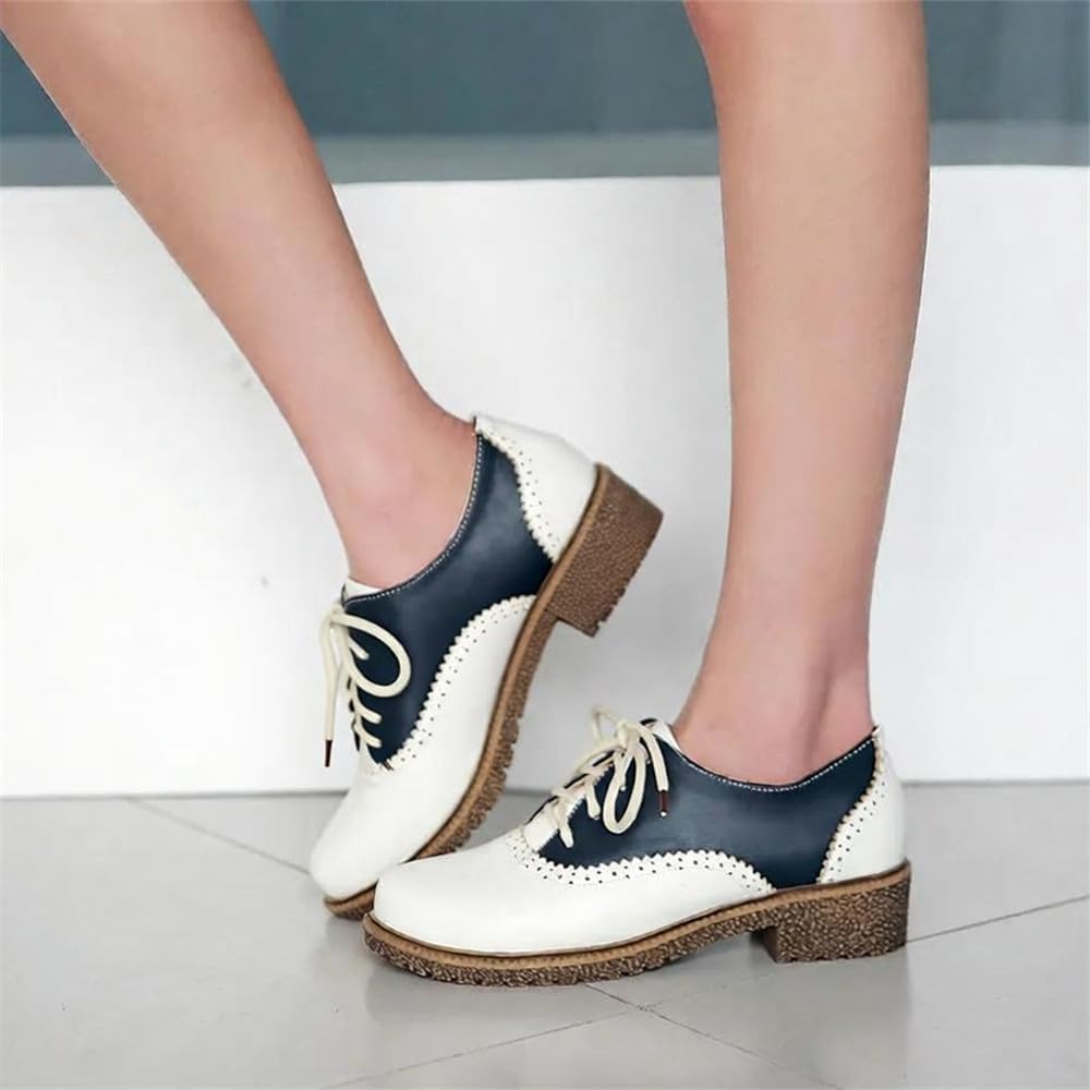Women's Saddle Oxford Shoes - Classic Wingtip Brogue Flats, 50s Vintage Retro Chunky Low Heel Lace-Up Dress Shoes