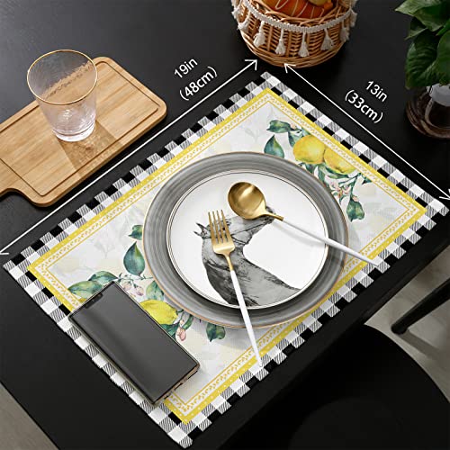 Yellow Lemon Placemats Set Of 6, Summer Fruit Floral Black White Buffalo Plaid Place Mats Non-Slip Dining Table Mat For Kitchen Washable Heat-Insulation Plate Cup Mats For Table Decor, 13 X 19 Inch #TOP5