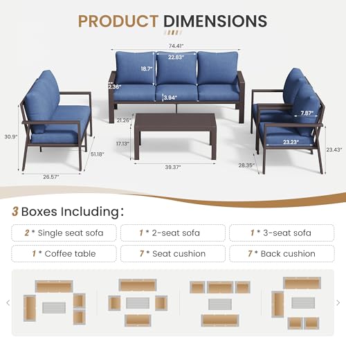 Image of Aluminum Patio Furniture Set 5 Pieces Modern Patio Conversation Sets for Porch, Deck, Garden, 7-Seat Outdoor Furniture Metal Sofa Set with 4 inch Water-Resistant Cushion & Coffee Table,Navy