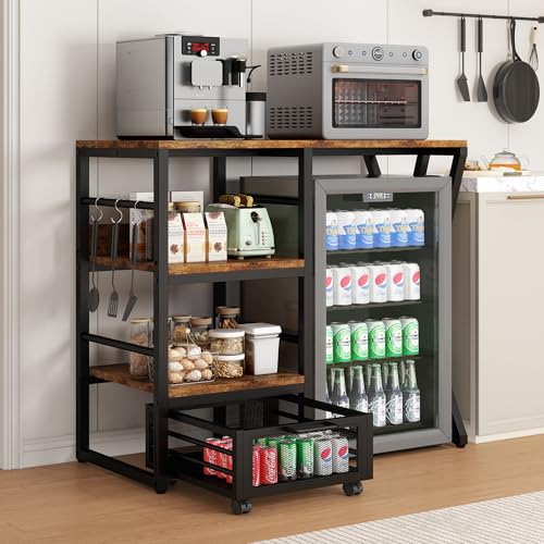 Kitchen Bakers Rack with Movable Basket, Coffee Bar Cabinet with Mini Fridge Space, Beverage & Wine Fridge Stand, Kitchen Storage Organizer with Worktop, Microwave Oven Stand for Home, Dorm, Office