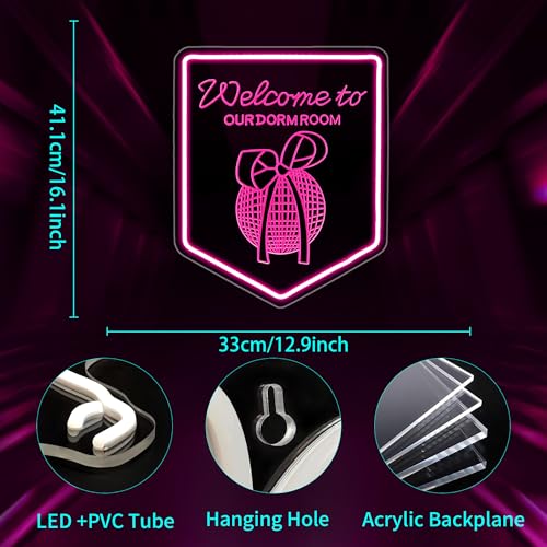 Image of Neon Sign Welcome To Our Dorm Room, JGHTURIE Bow Neon Signs for Wall Decor Art Carving Design Pink Light up Preppy Girls Room Decor for Club Party Event Decoration USB Powered