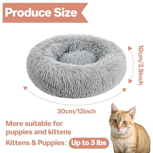 Cat Bed - Calming Cat Bed for Small Kittens Donut Washable Round for Indoor Kittens and Puppies, Anti-Slip Round Fluffy Plush Faux Fur, Small, Light Grey - Thumbnail 2