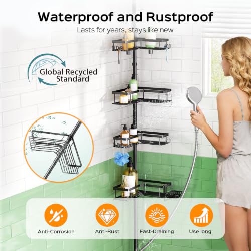 Image of HAMITOR Shower Caddy Tension Pole: Corner Bathroom Organizer for Renters | L-shaped 4-Tier Baskets with Soap Holder & Hooks for Small Space, No Drilling Adjustable Storage Rack for Family, 47-123inch