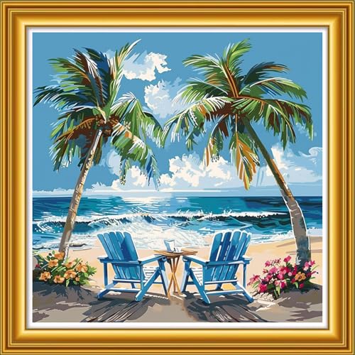 Image of Dooxvey Counted Cross Stitch Kits for Adults 11CT Printed Cross-Stitch Patterns Cross Stitching Embroidery Kit Stamped or Counted Needlepoint Kits-Coconut Trees by the sea 18x18 inch