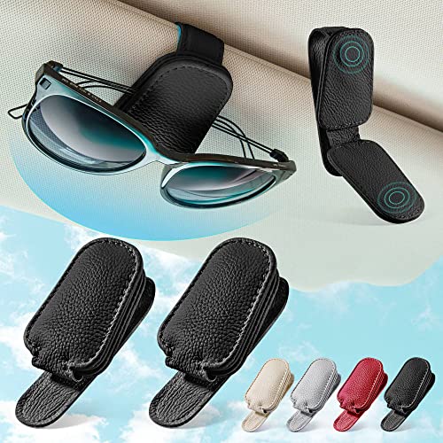 Juanssifer Sunglasses Holder For Car Sun Visor 4 Pack,Sunglass Clip For Car Visor, Magnetic Leather Glasses Eyeglass Hanger For Car Black+ Grey #TOP1