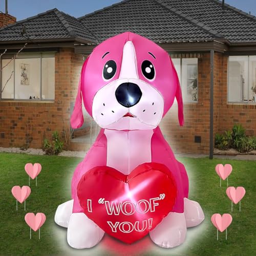 4ft Mothers Day Inflatables Pink Dog with Heart Decoration LED Blow Up Lighted Decor Indoor Outdoor Holiday Art Decor Romantic Gift for Anniversary Wedding Party
